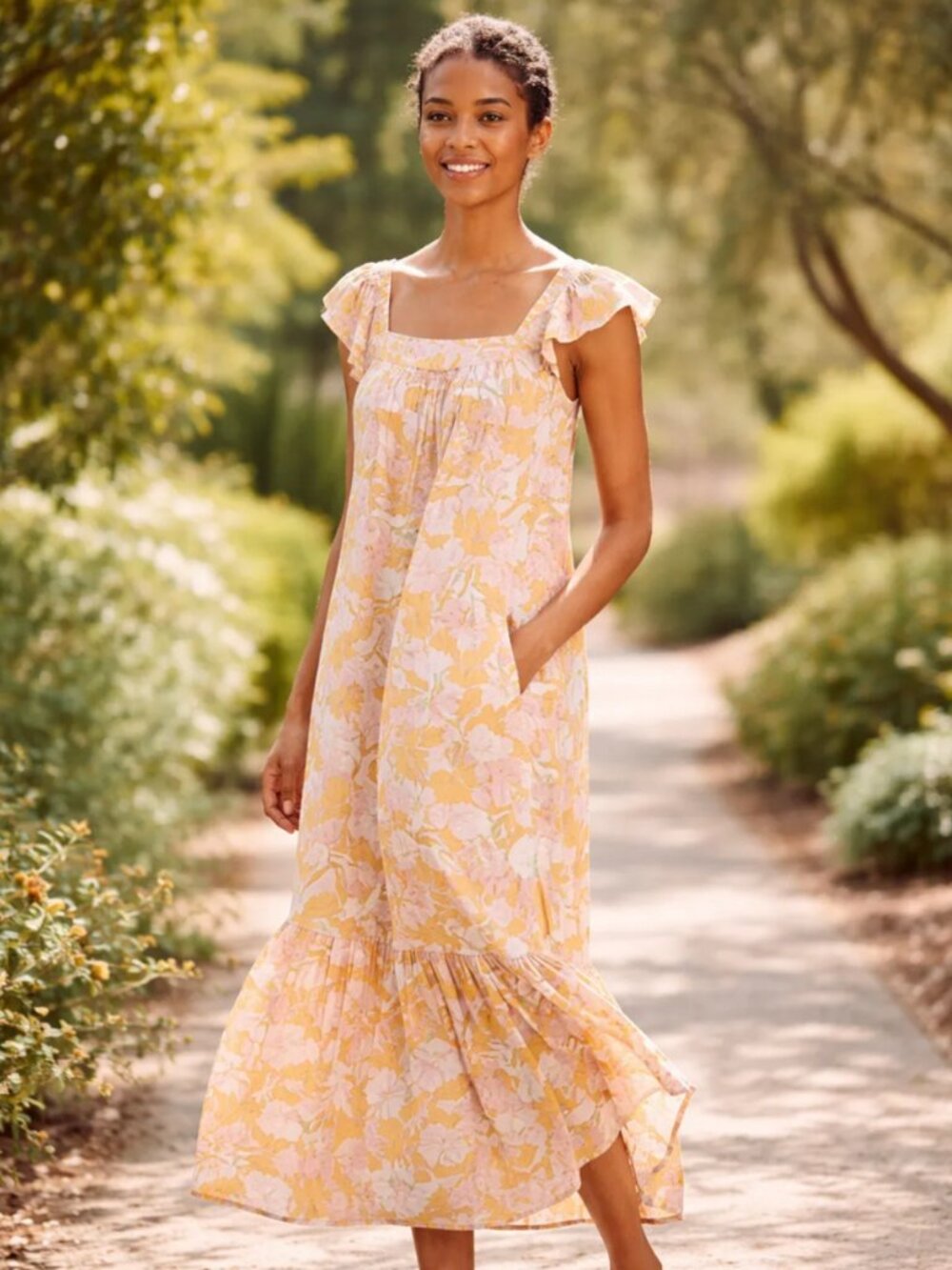 ☀️ TARGET KNOX ROSE Tropical Ruffle Crinkled Maxi Boho Dress Yellow XS